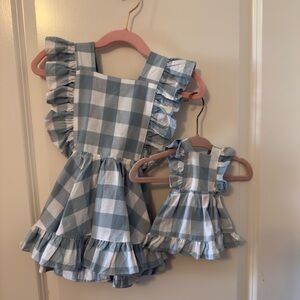 Blue and White Gingham Ruffle Pinafore Dress With Matching Doll Dress